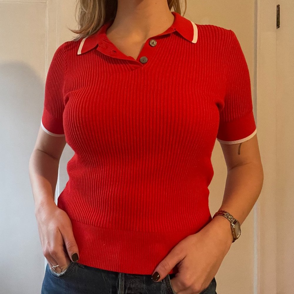 Banana Republic Ribbed Polo Shirt | Red Ribbed Polo Shirt Size Mediume